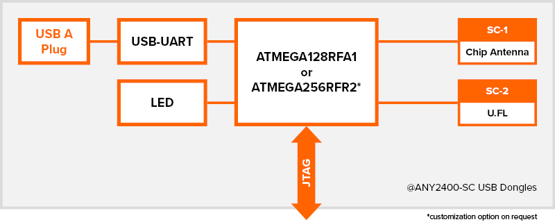 Block diagram of @ANY2400-SC-1 and @ANY 2400-SC-2 plug-and-play USB Dongle-hosted gateway for 2.4 GHz ISM band
